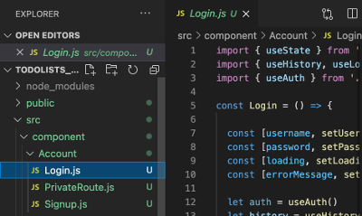 Login.js file in VS Code